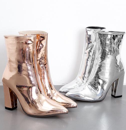Women Pointed Toe High Heels Patent Leather Chunky heel Bootie Ankle Boots Shoes