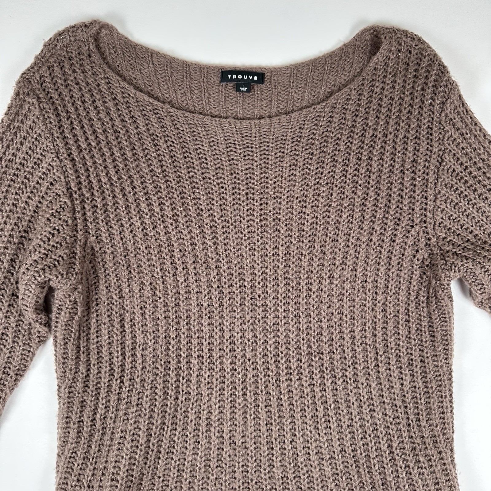 Trouvé Chunky Knit Sweater Size L Taupe Brown Boat Neck Acrylic Blend