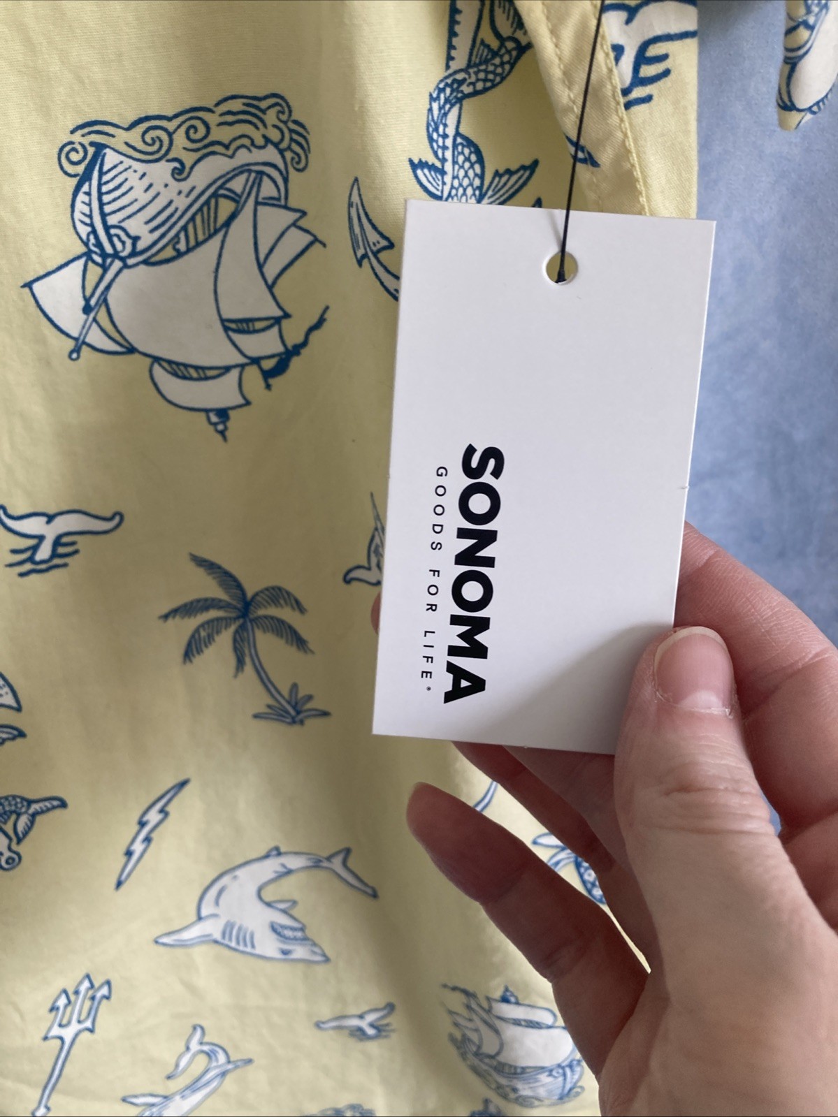 NWT Sonoma Goods For Life Men Medium Perfect Length Shirt Yellow Nautical Shark