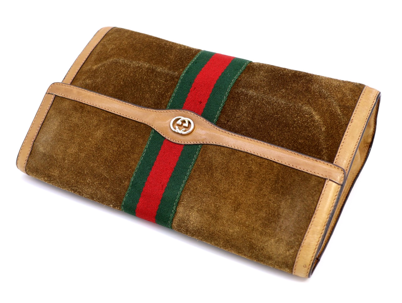 GUCCI VINTAGE Web Stripe Clutch Suede Leather Camel Large Rare Authentic