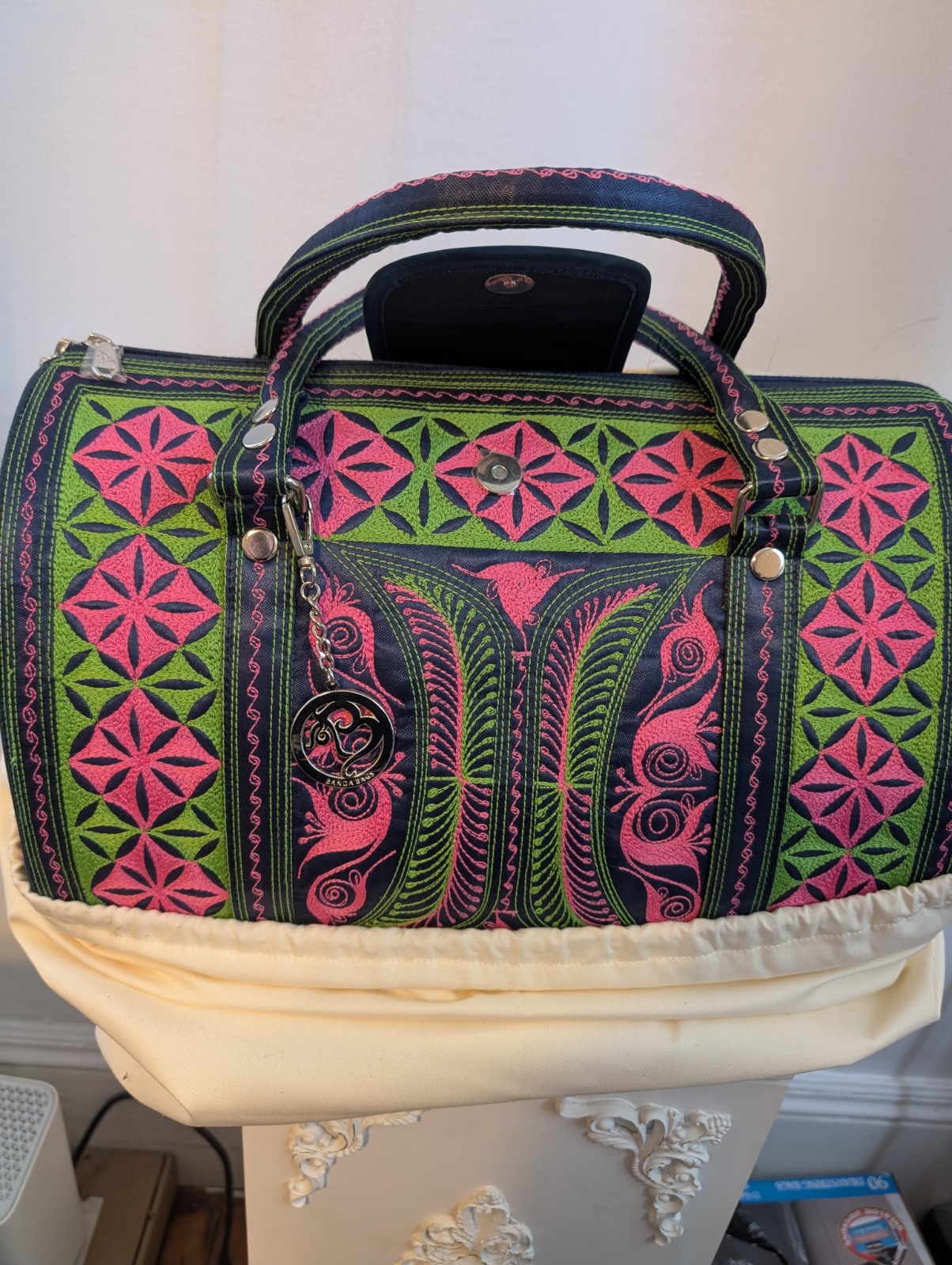 Banda Bag Pink Green Geometric Pattern Nearly New