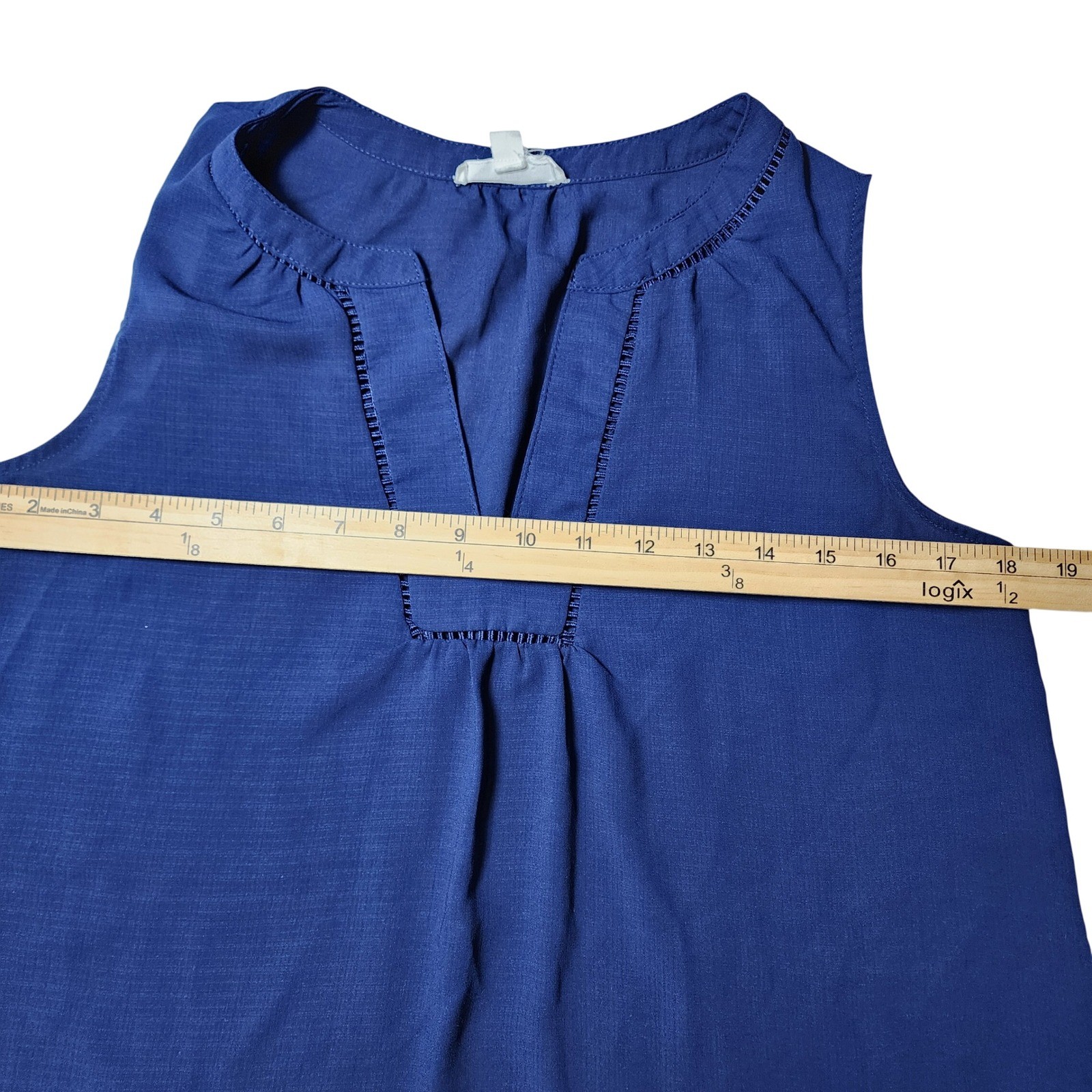 MINE Women Royal Blue Sleeveless Split Neck Ladder Stitch Blouse TB4585 Small
