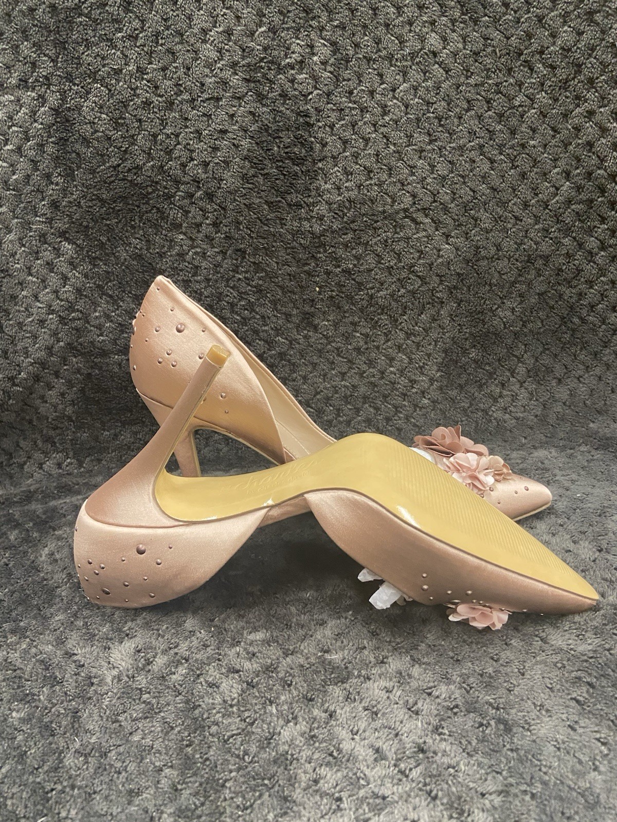 Charles by Charles David Taupe Satin Chiffon Floral Studded Stiletto Pumps 7.5M