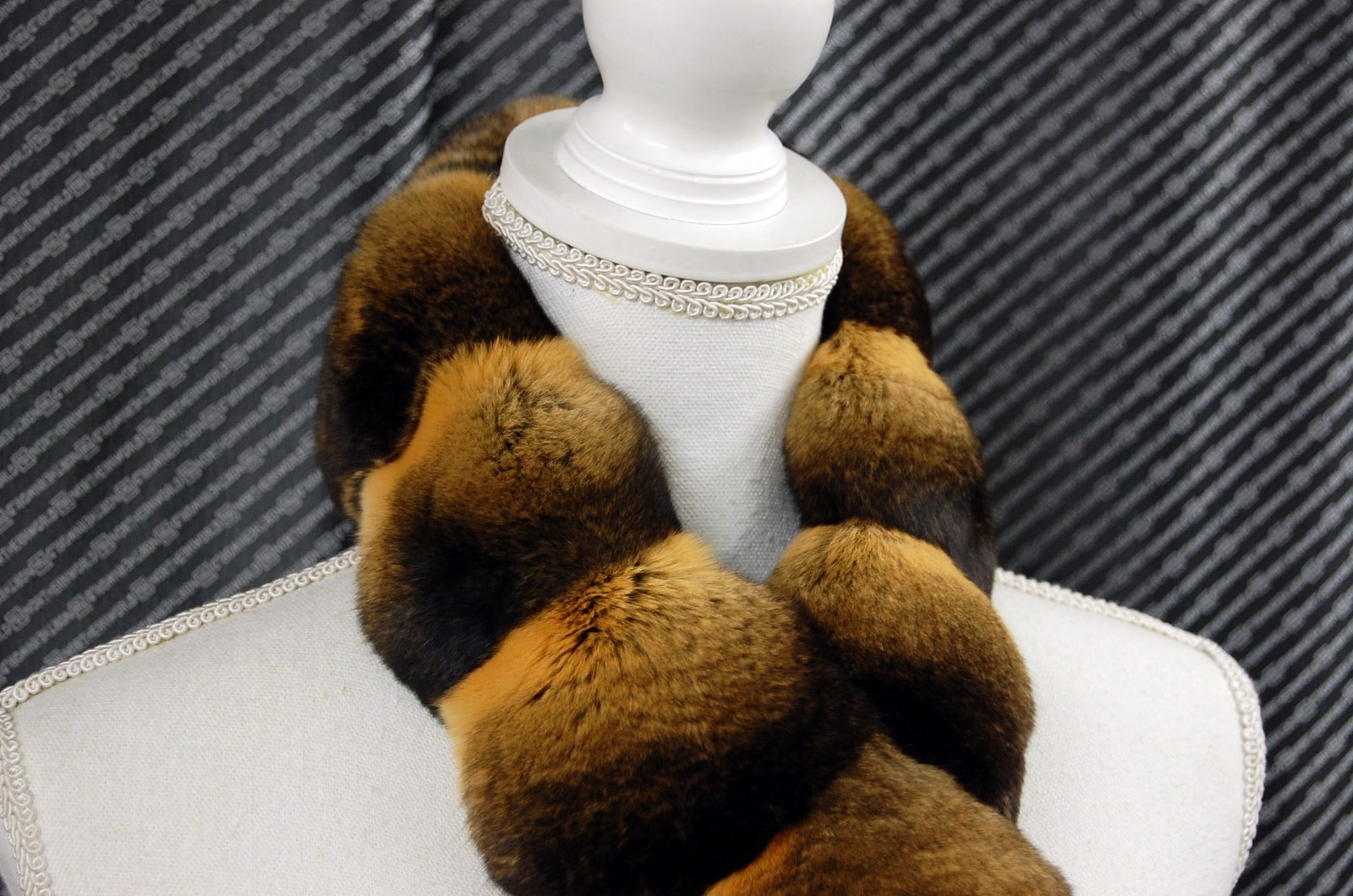 Luxury Chinchilla Fur Scarf with Nutria Fur Lining, Handmade in Japan, 60cm