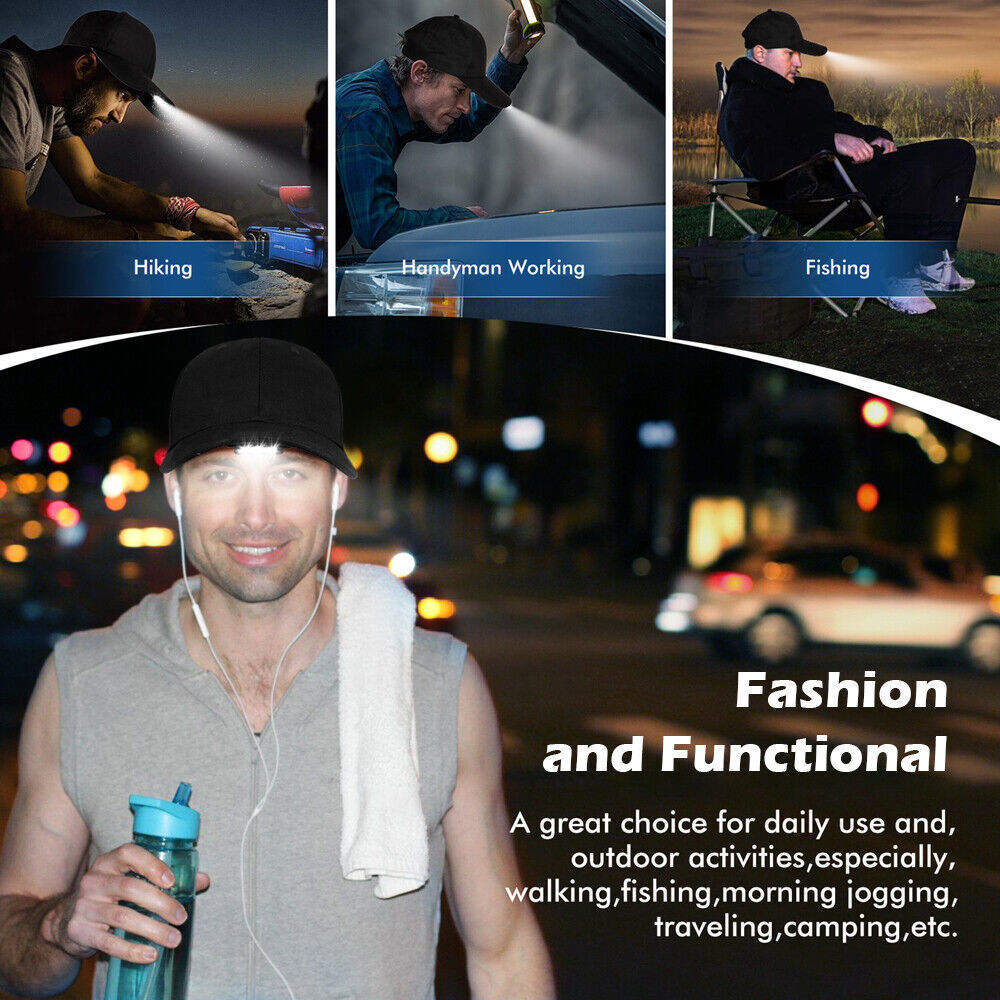 Solid Baseball Cap With LED Head Light Headlamp Flashlight Rechargeable USB Hat