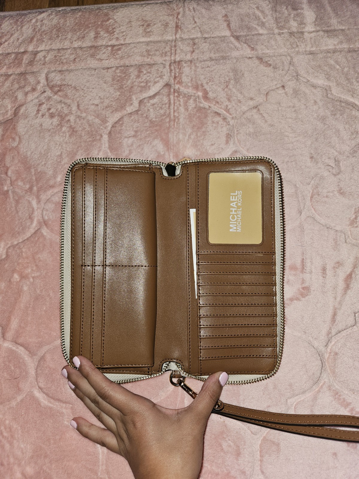 Michael Kors Logo Zip-Around Wristlet Wallet Organizer, Photo Holder Beige/Brown