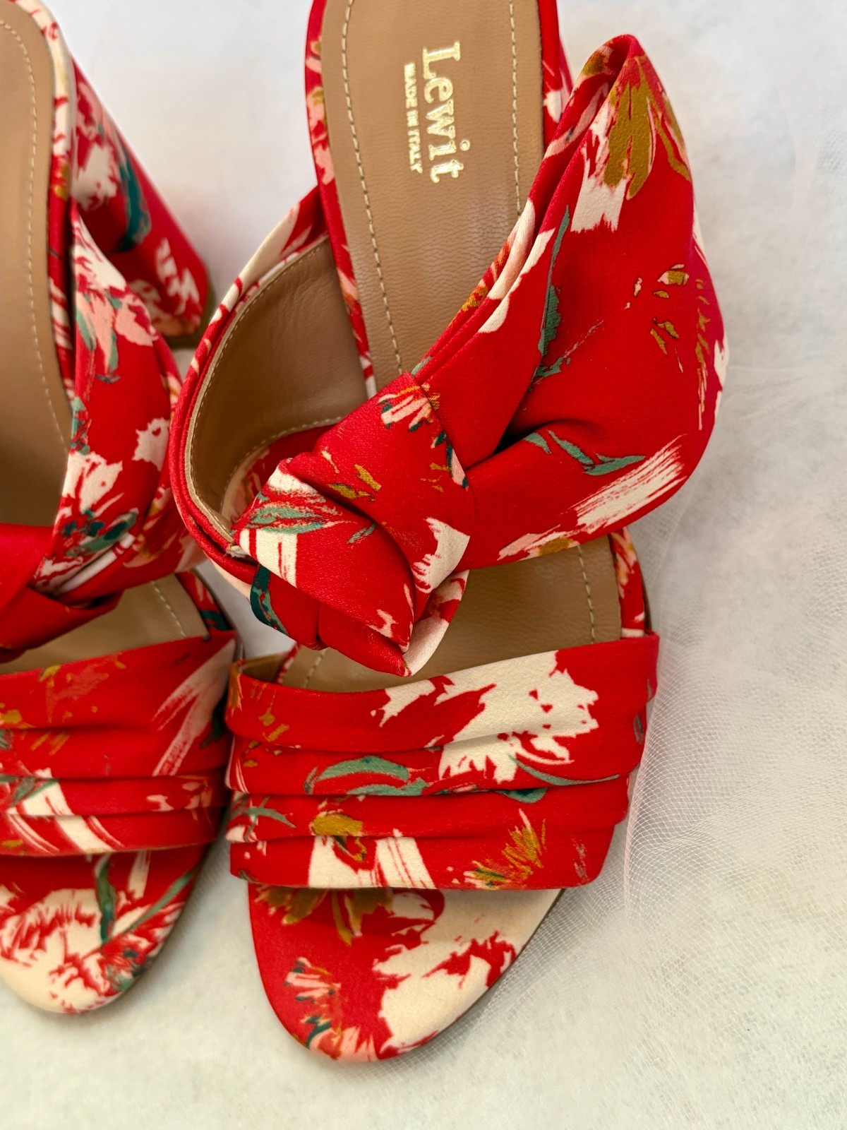 Lewit Rosa Floral Print Bow Mule Pumps Block Heel Red Satin -Size 6 (35 1/2)