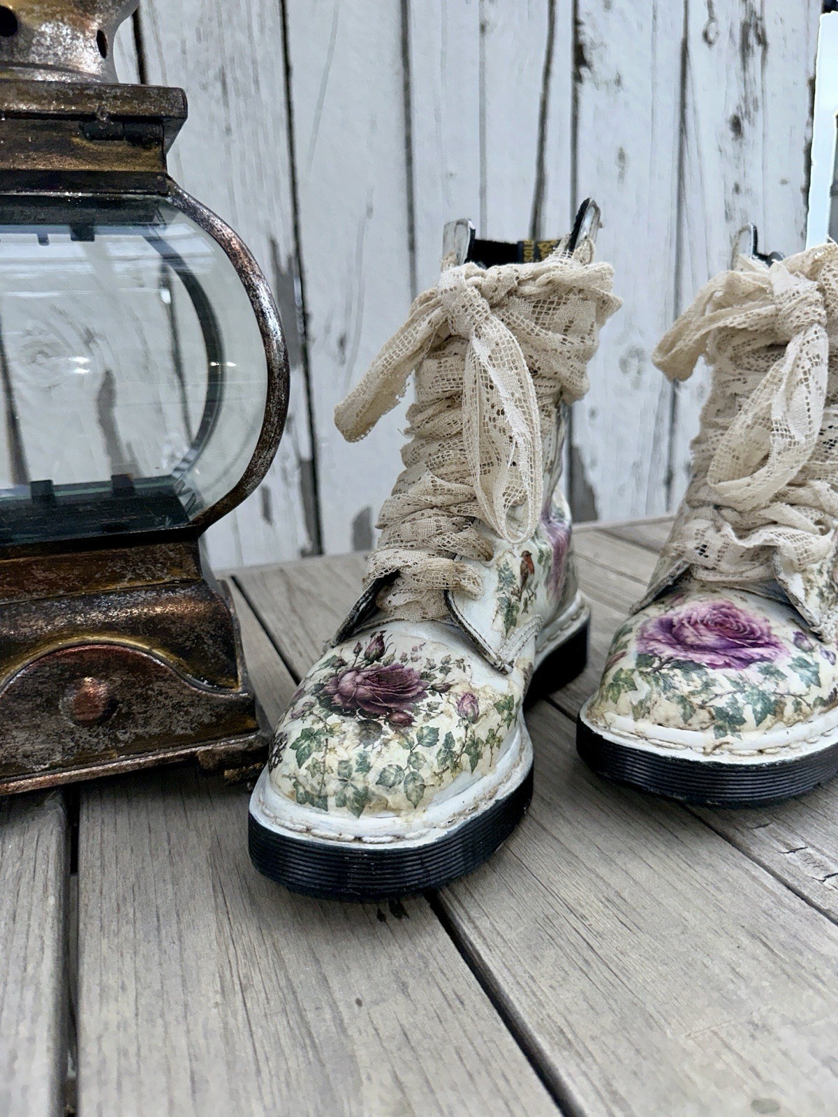 Women’s Floral Lace-Up Ankle Combat Boots Leather Round Toe Beige/Purple 6