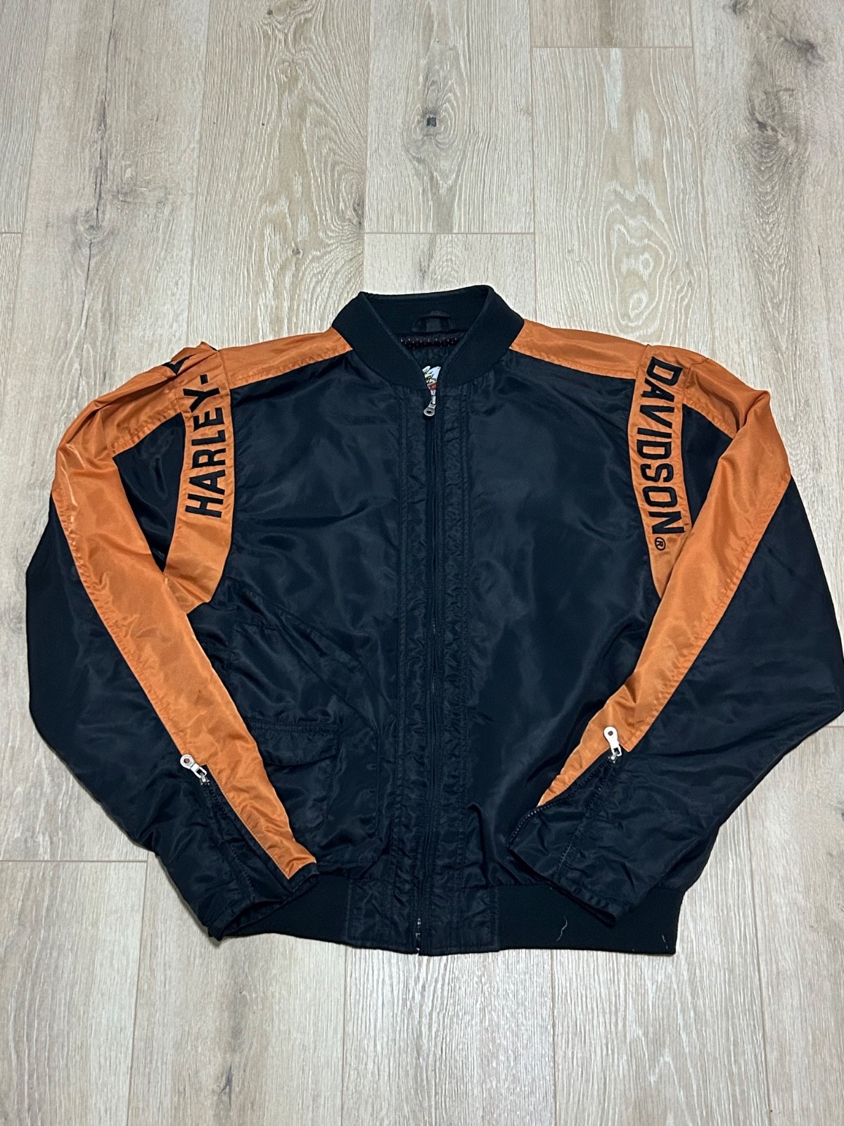 harley davidson jacket black orange bomber bar shield racing riding zip light