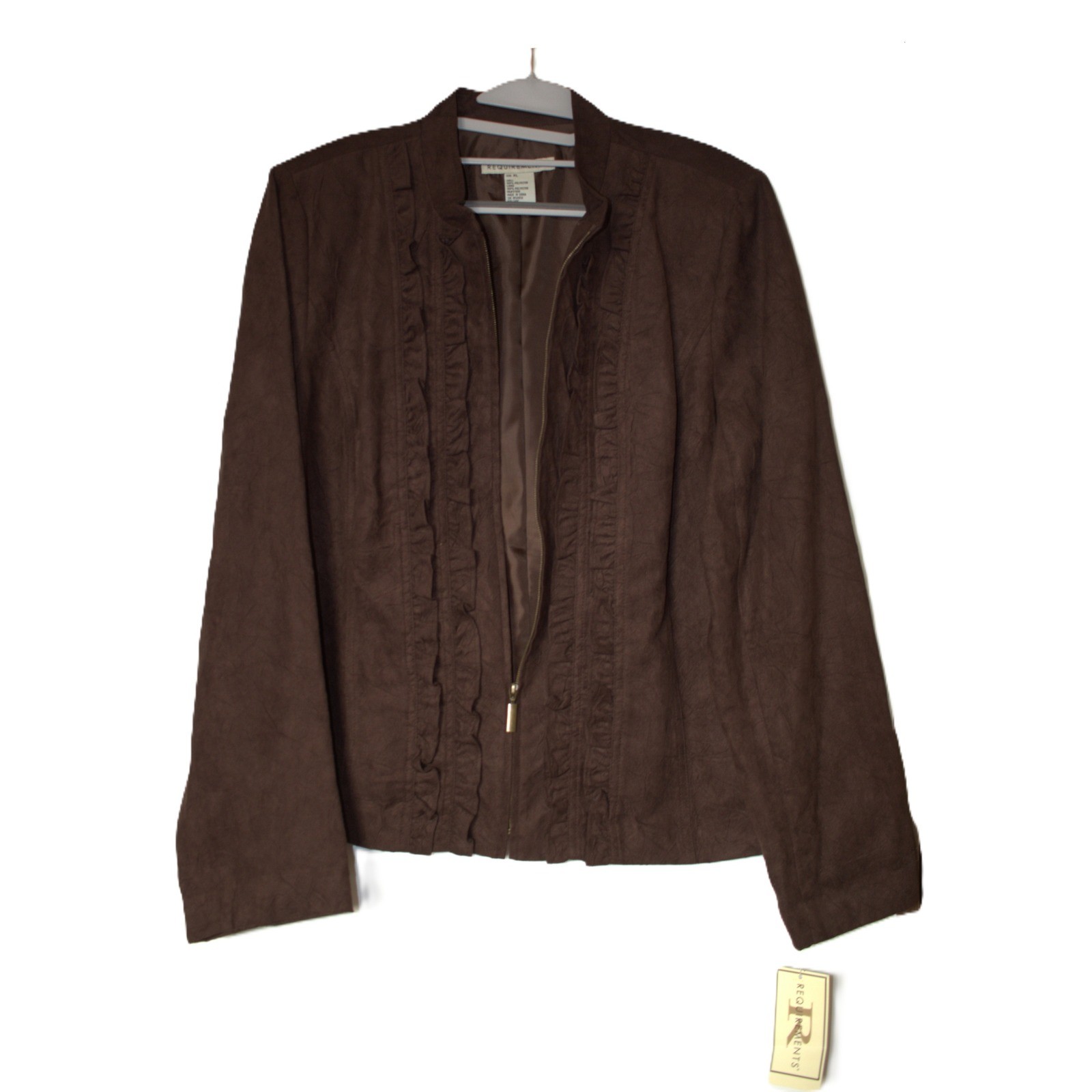 Requirements Womens Brown Faux Suede Ruffle Zip Front Jacket XL NWT