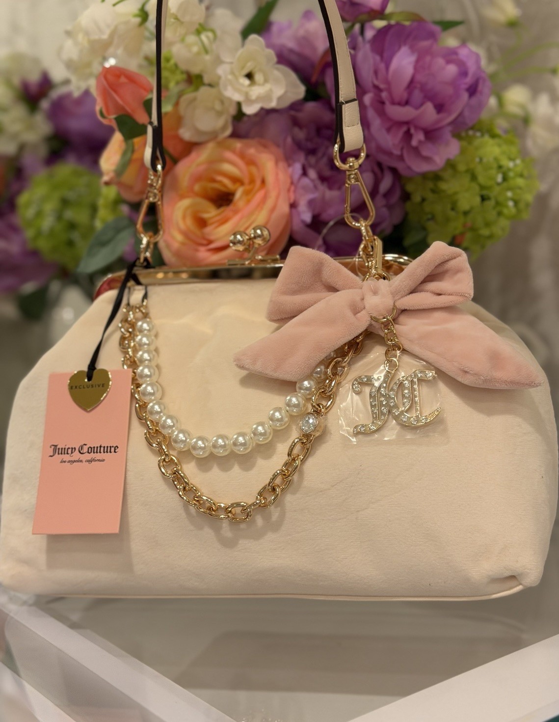 Juicy Couture Pink Kiss Lock Shoulder Bag Bow Pearl Rhinestone Charm Pockets