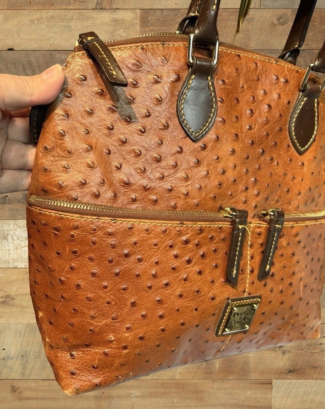 Dooney Bourke Chestnut Brown Ostrich Embossed Leather Front Pocket Satchel Tote