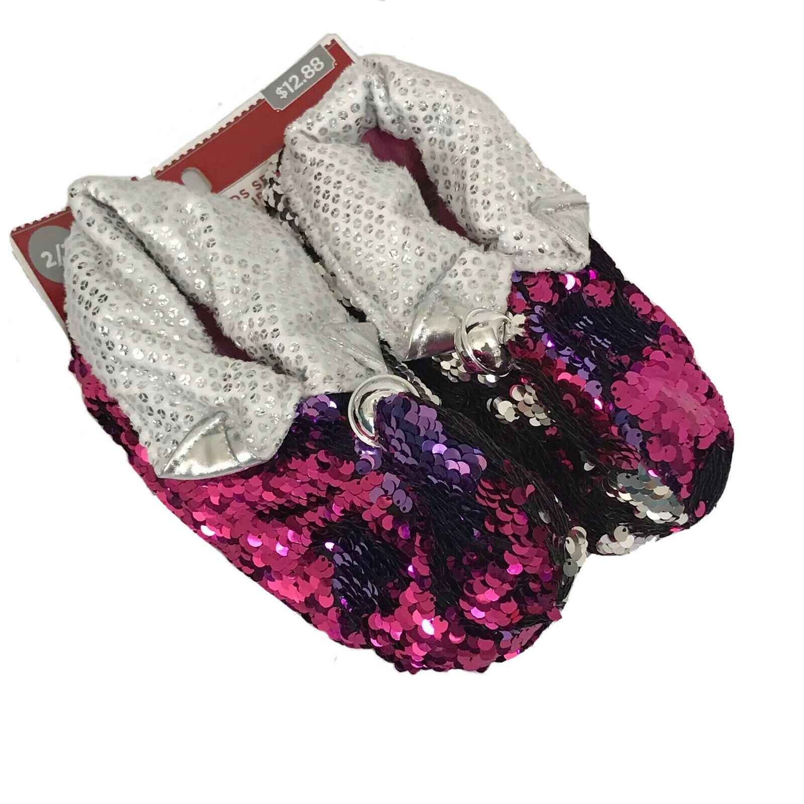 Holiday Time Girls Size Large (2/3) Christmas Sequin Flip Elf Bells Slippers NEW