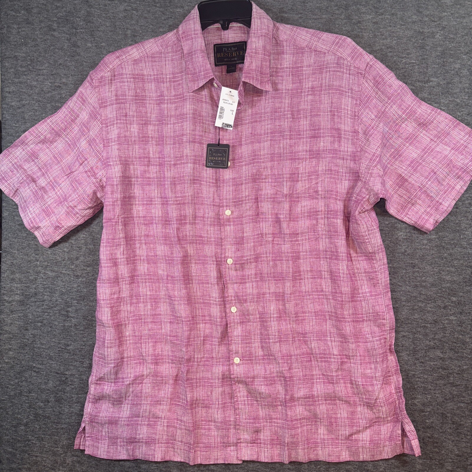 Jos. A. Bank Reserve Shirt Mens Linen Plaid Pink Large NEW
