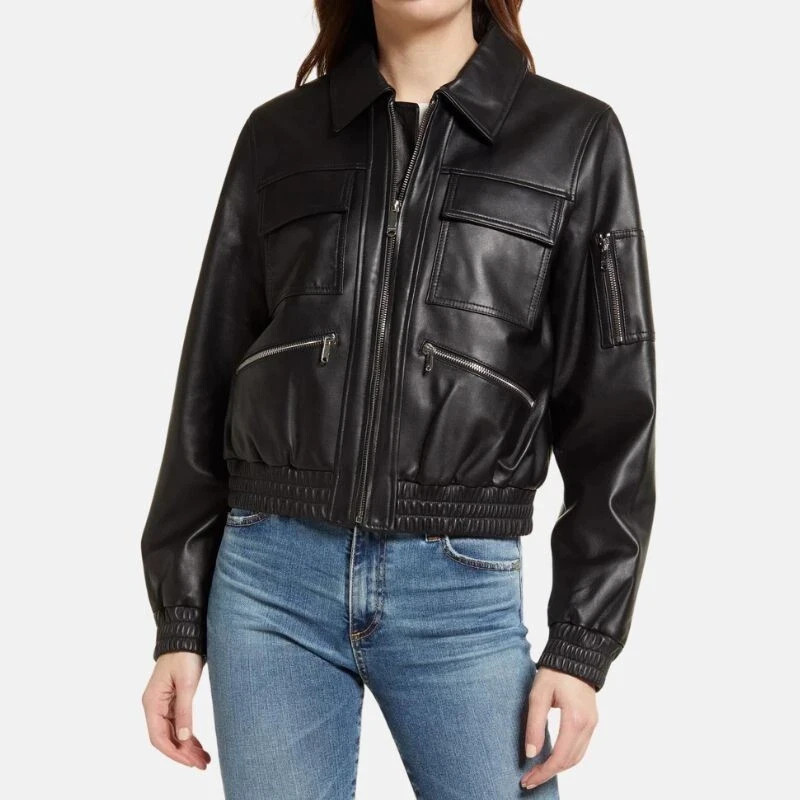 Women’s Leather Jacket Black Bomber Pure Lambskin Jacket Size S M L XL XXL 3XL