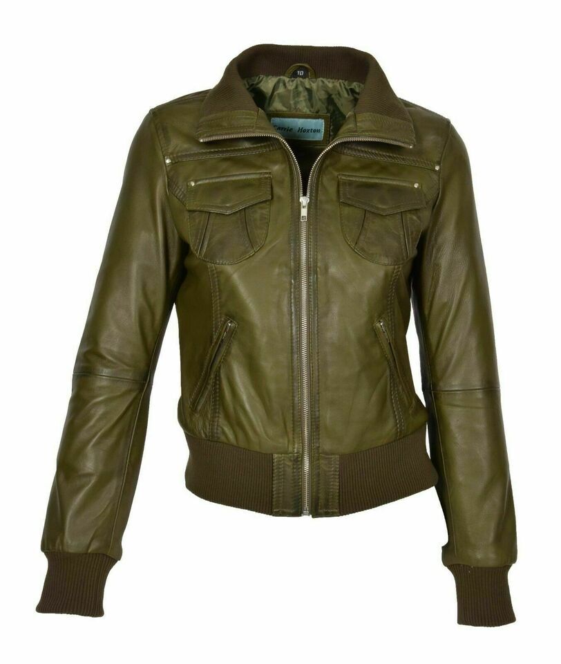 Women’s Genuine Lambskin Leather Olive Green Jacket Slim Fit Bomber Coat Jacket