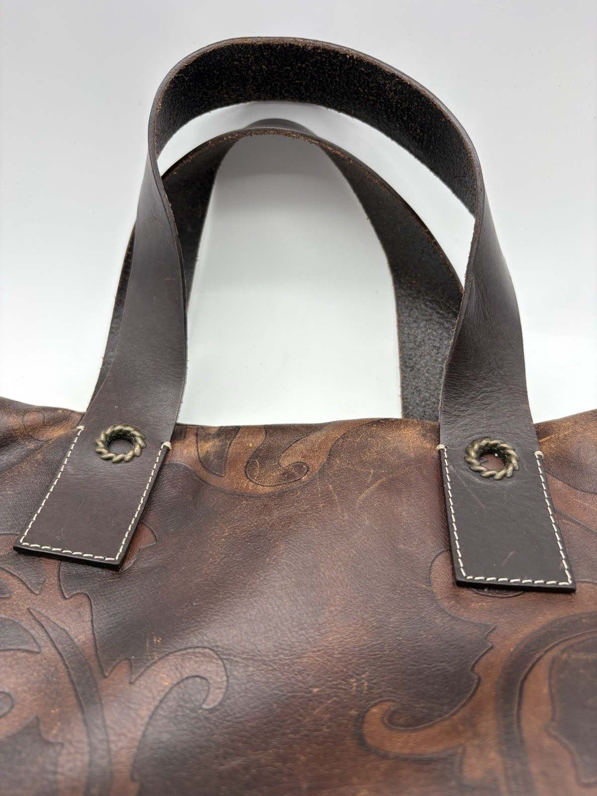 FALOR Italy Tote Bag, Tan Brown Leather Embossed Paisley Large Bag, 16″ x 16″