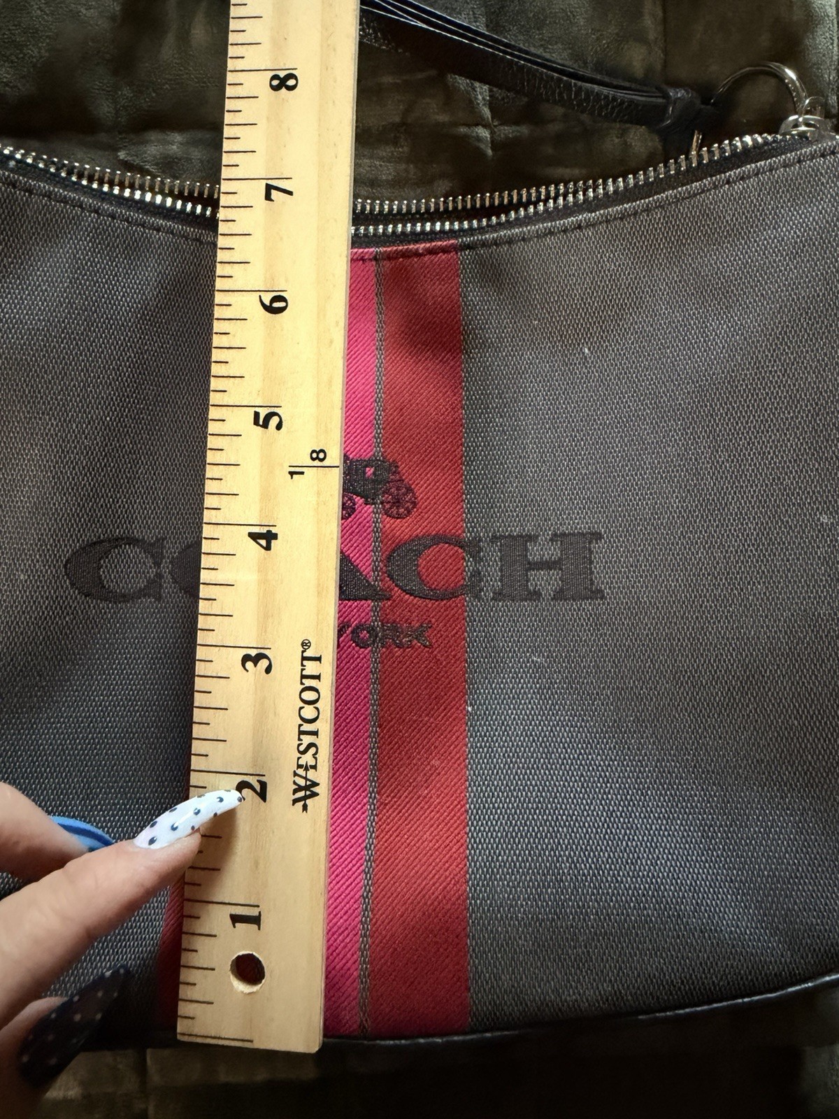 Coach Logo Stripe Gray Shoulder Bag Zip Gold Hardware, Detachable Strap