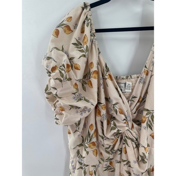 Lea Lemon Print Maxi Dress Twist Front Puff Sleeve Flowy Yellow Blue Cottagecore