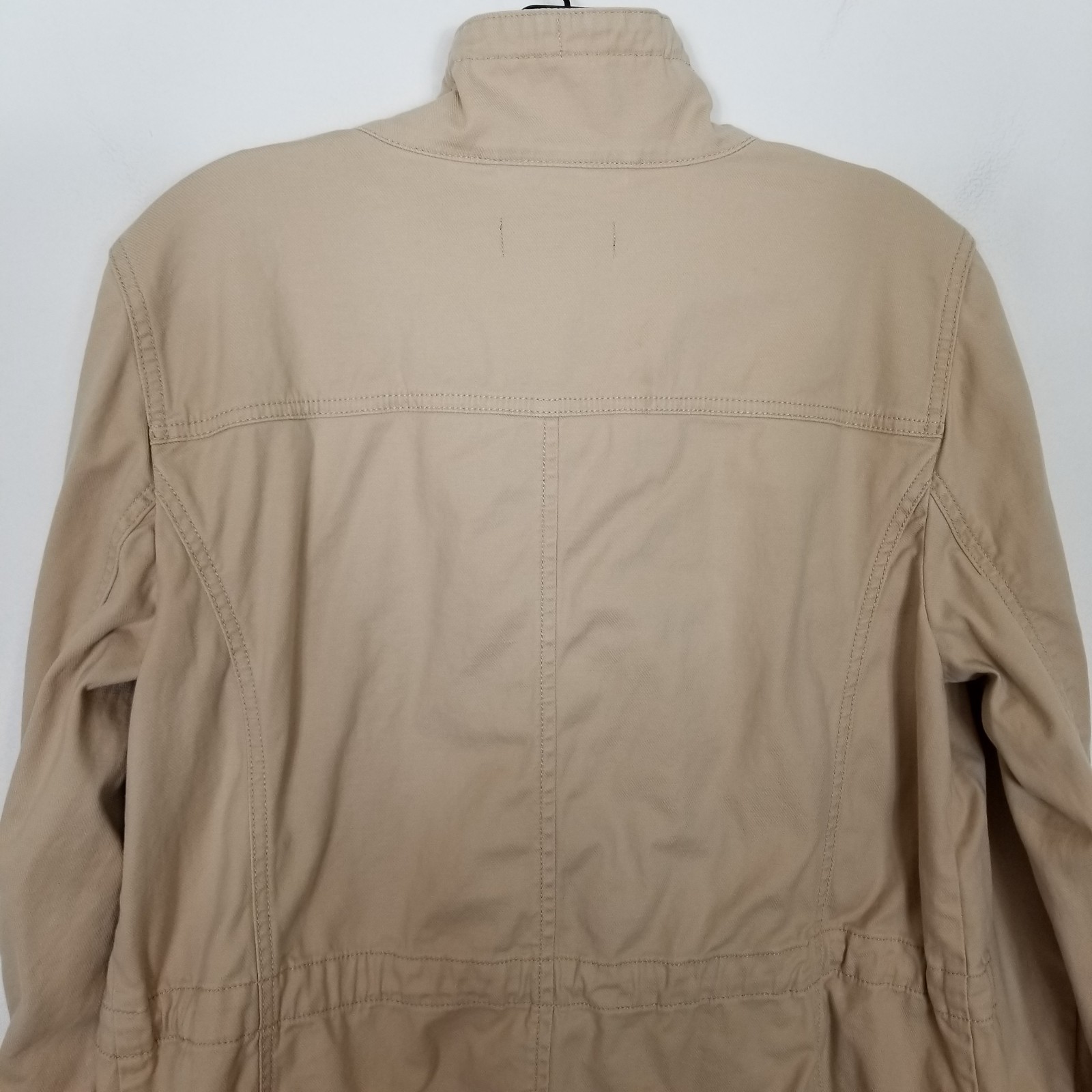 Talbots Womens Safari Jacket Sz M Beige Flap Pockets Stretch Drawstring Button