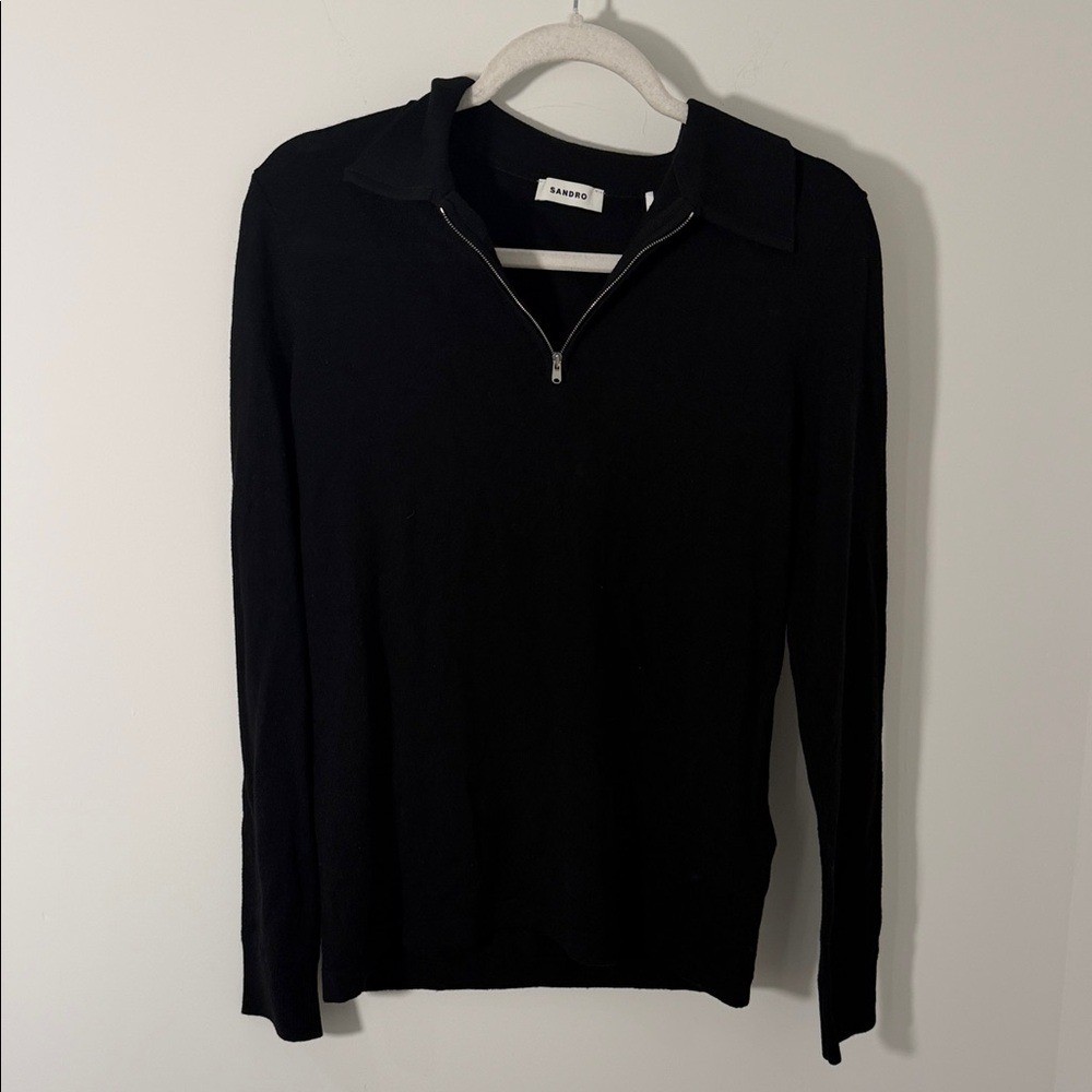 Sandro Black Quarter-Zip WOOL men’s SWEATER WITH ZIPPED COLLAR