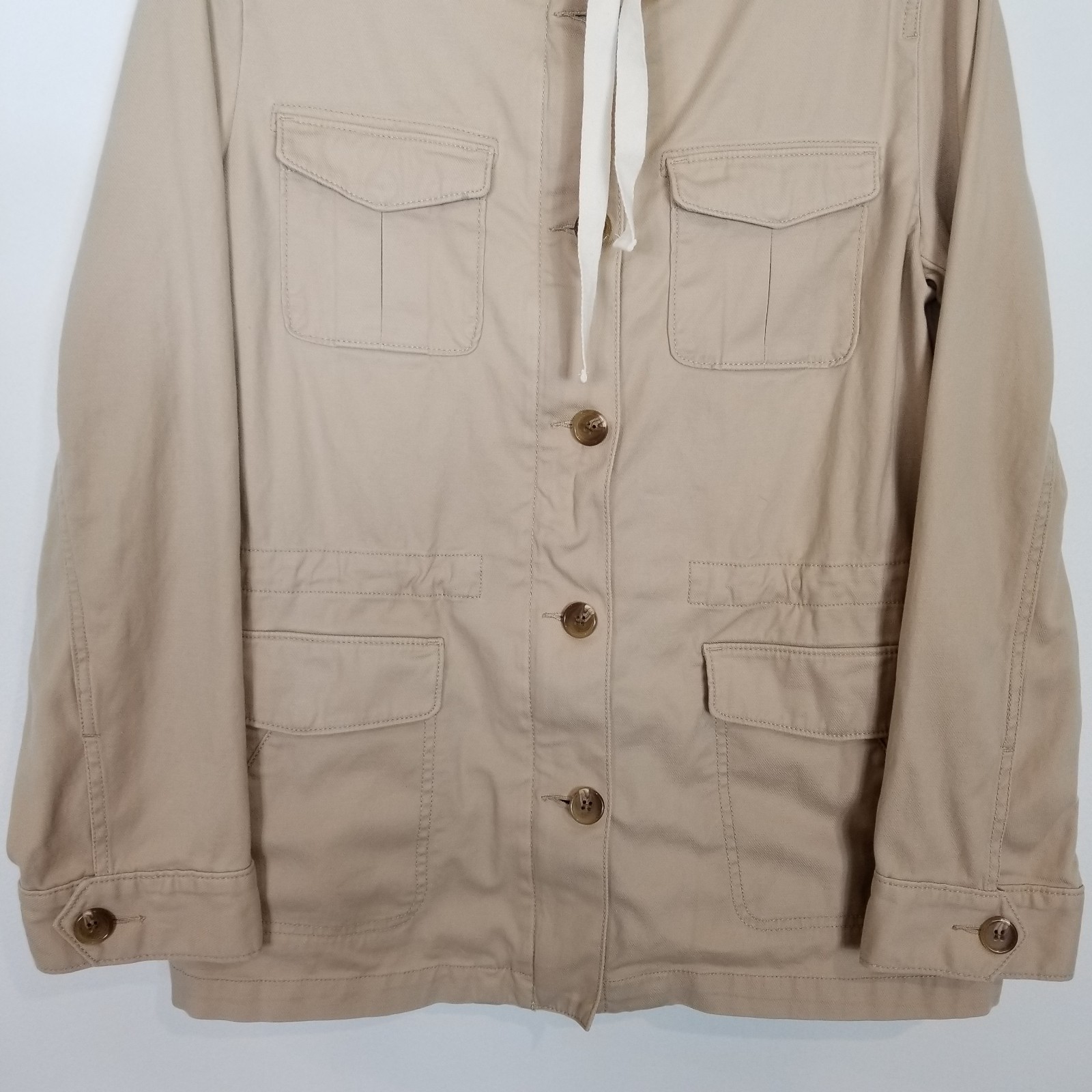 Talbots Womens Safari Jacket Sz M Beige Flap Pockets Stretch Drawstring Button