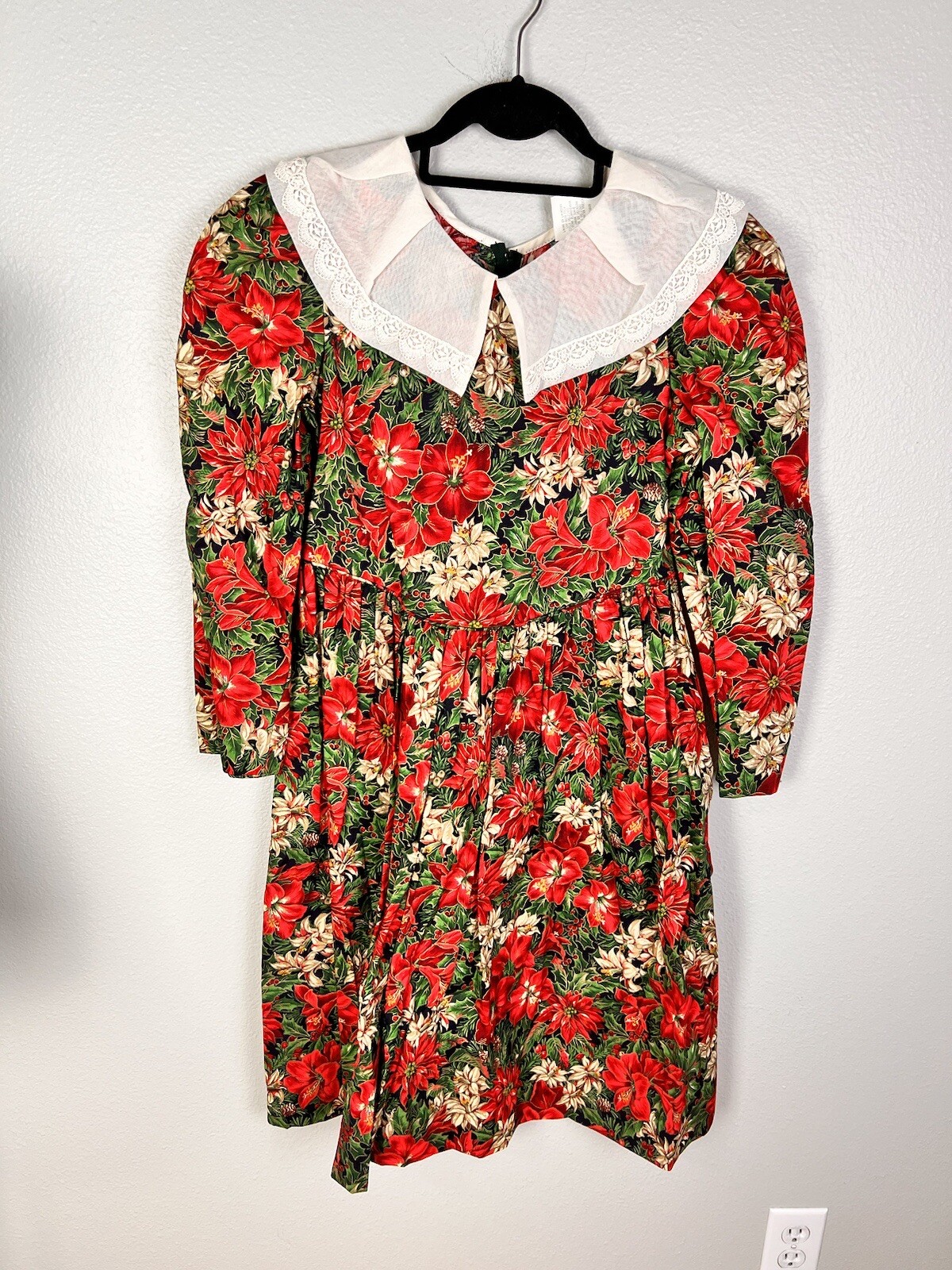 Vintage Peaches N Cream Christmas Long Sleeve Dress Sz 12 1/2 Made in the USA