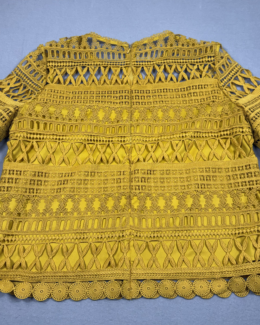A. Moss Womens Medium Mustard Lace Crochet Blouse Long Sleeve Boho Top Lined