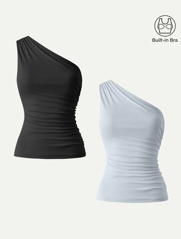 OGL Sandwashed One Shoulder Ruched Bra Tank, Black (NEW)
