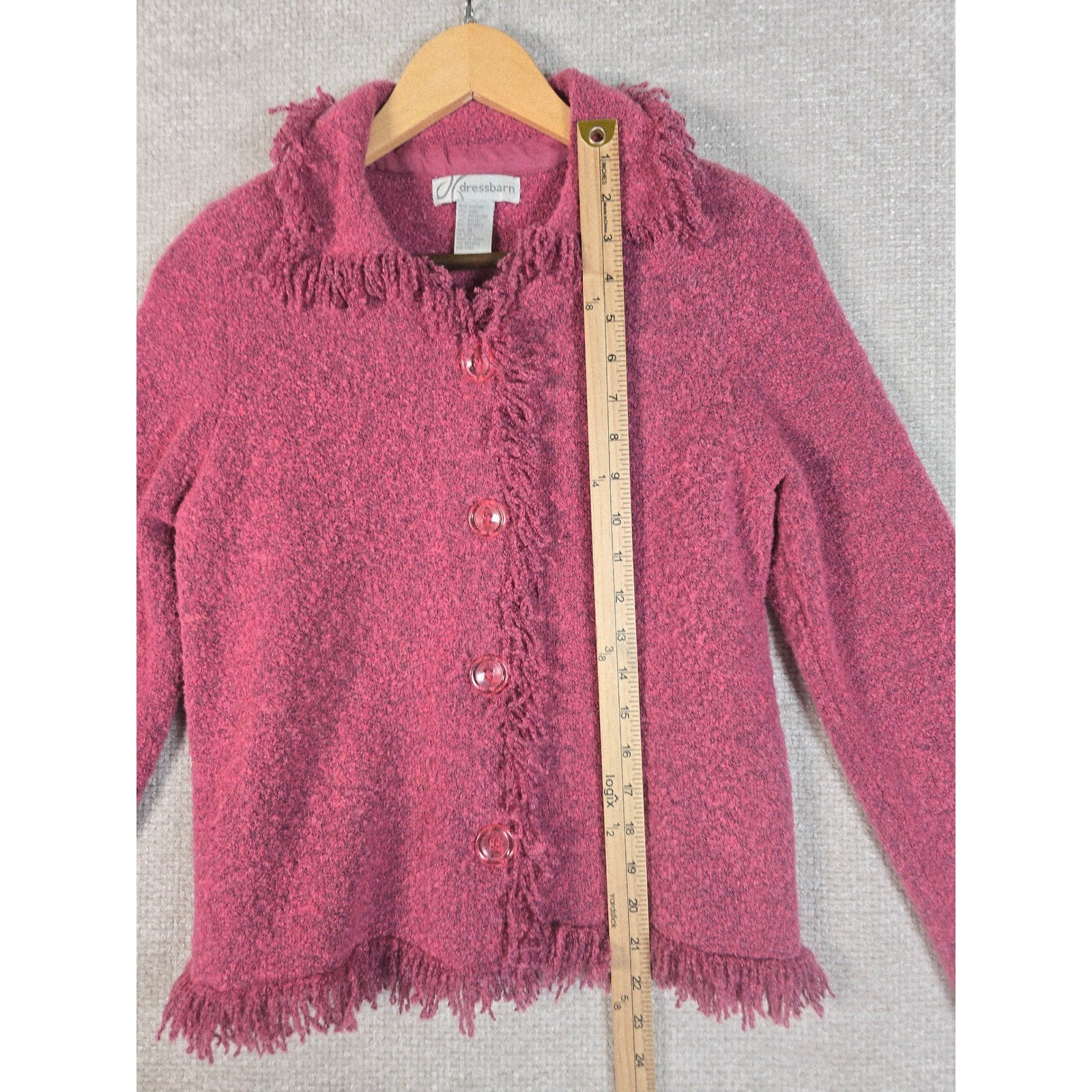 VTG Dressbarn Pink Knit Button Front Cardigan Shag Fringe Trim Sweater Size M