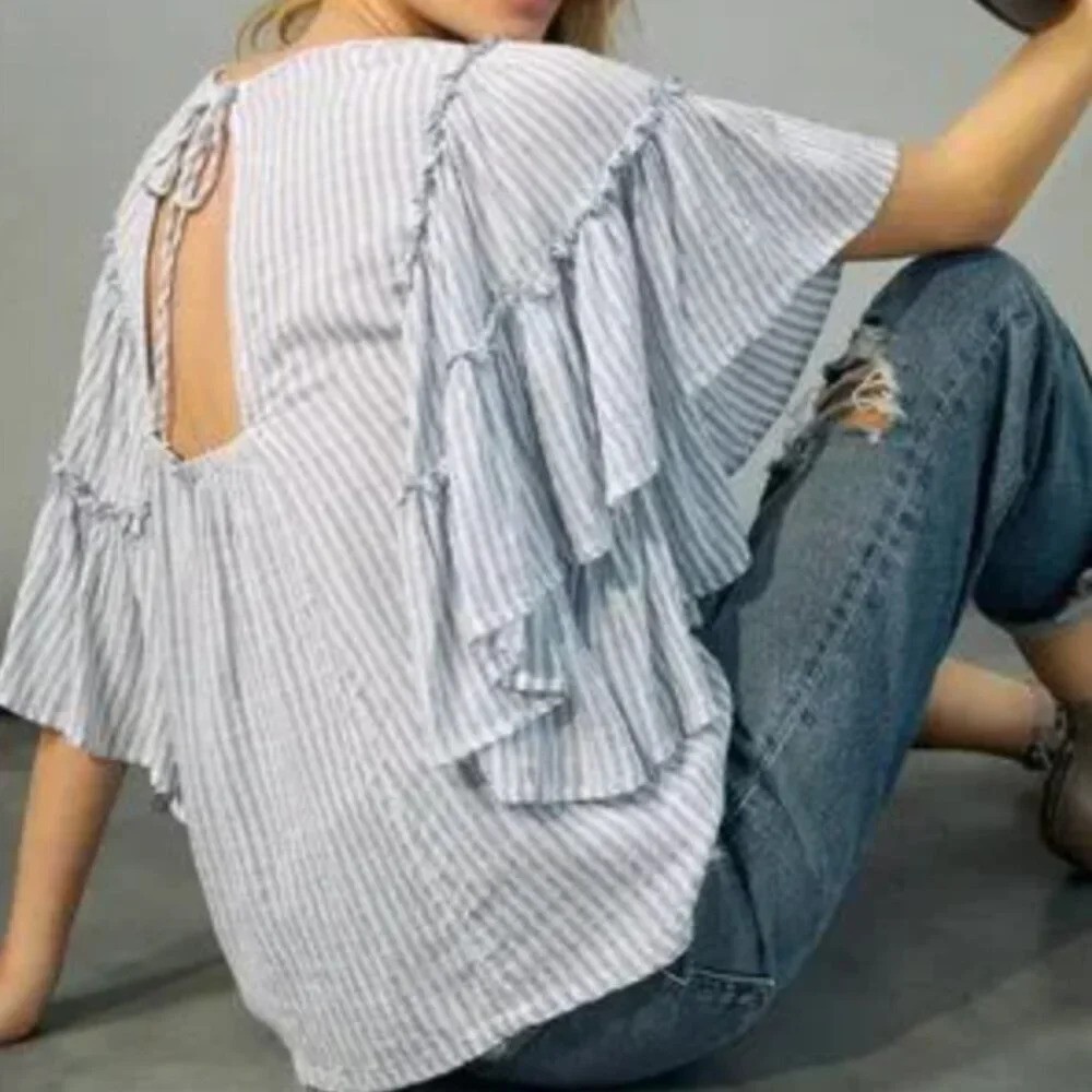 Anthropologie Pilcro Sybil Ruffle Sleeve Stripe Blouse (Small)