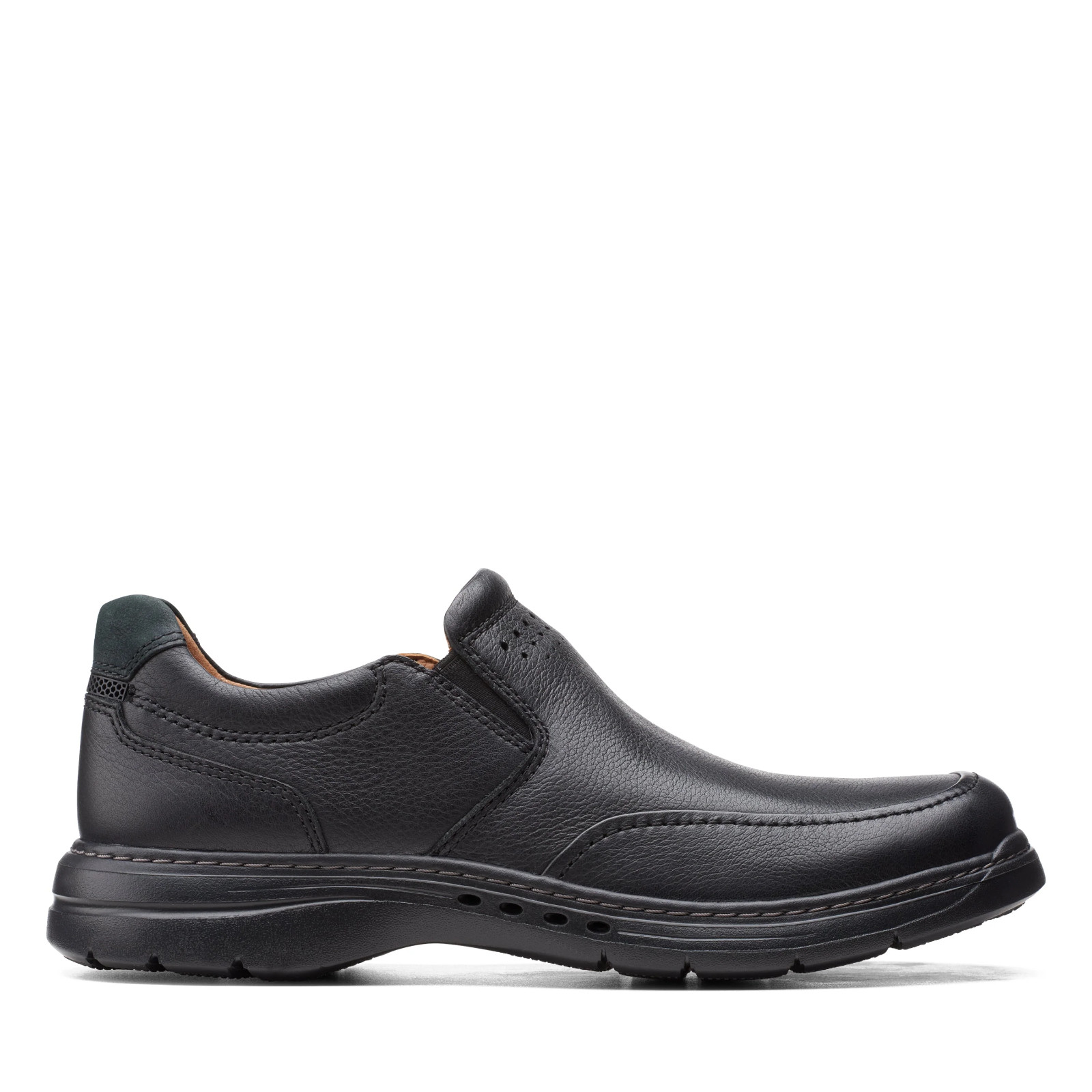 Mens Clarks Un BrawleyStep Slip Ons – Black Leather, Size 7 Medium [26151788]