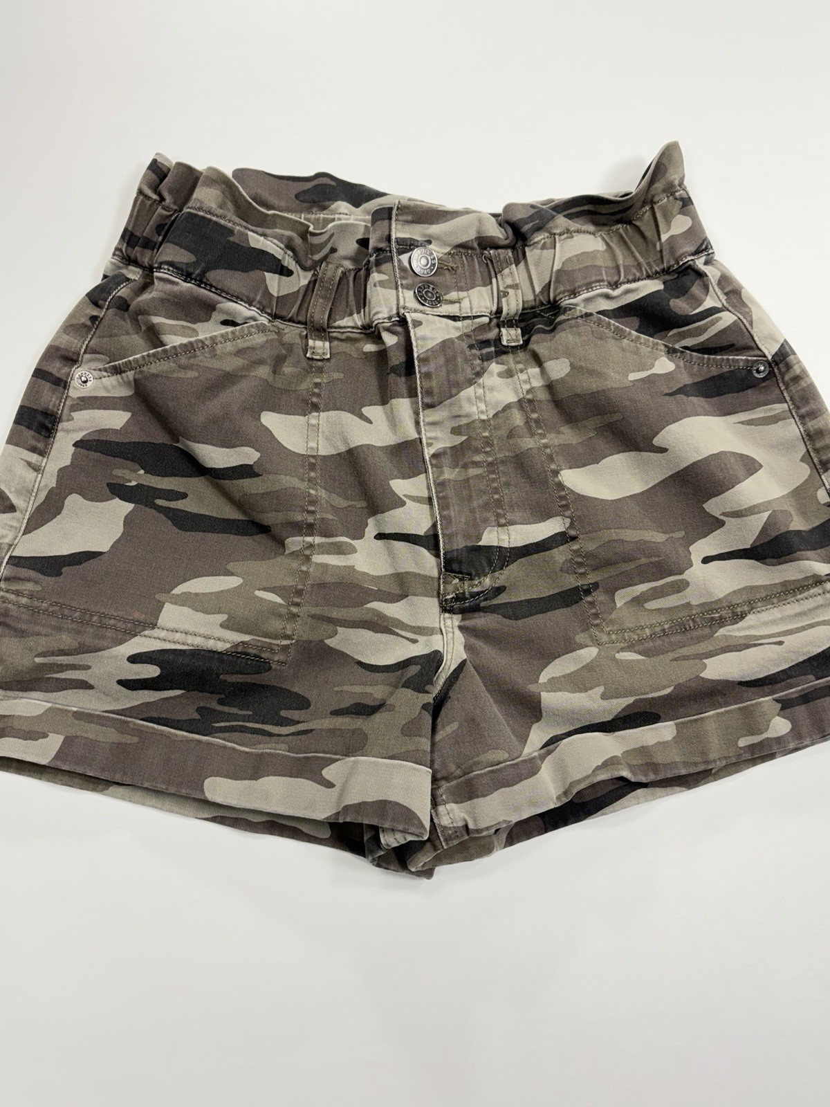 Express Shorts Camo Green Brown Women’s S/P Super High Rise Paperbag Y2K