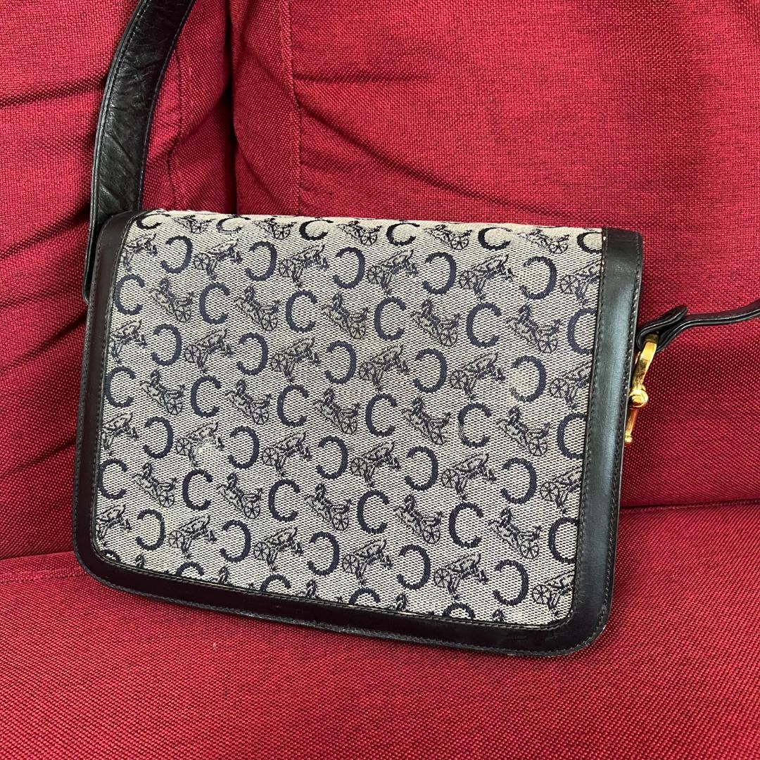CELINE C Macadam Sulky Shoulder Bag Horse Carriage Hardware Buckle Canvas Beige