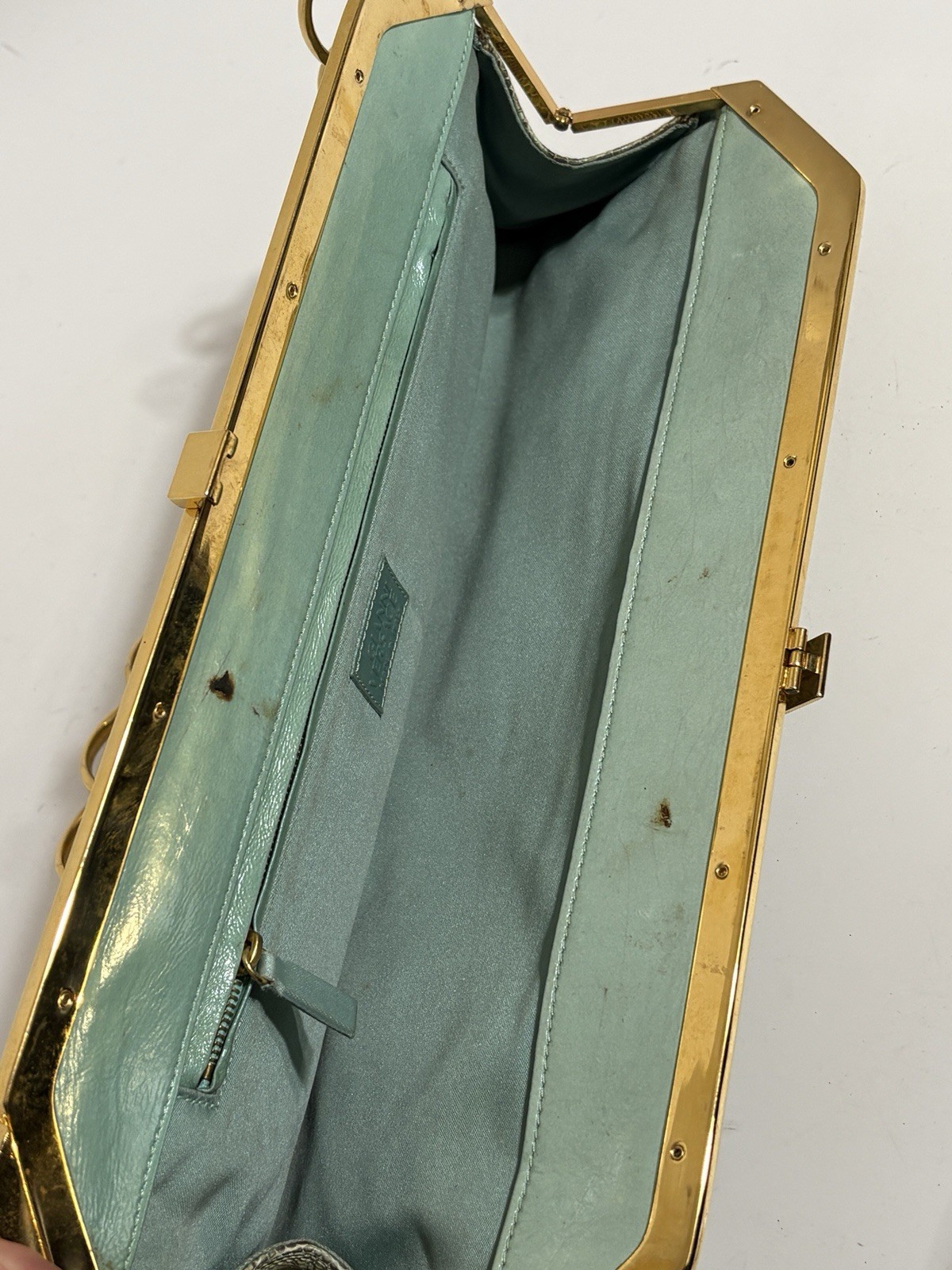 Vtg Gianni Versace Green Lizard Leather Gold Chain Strap Shoulder Bag