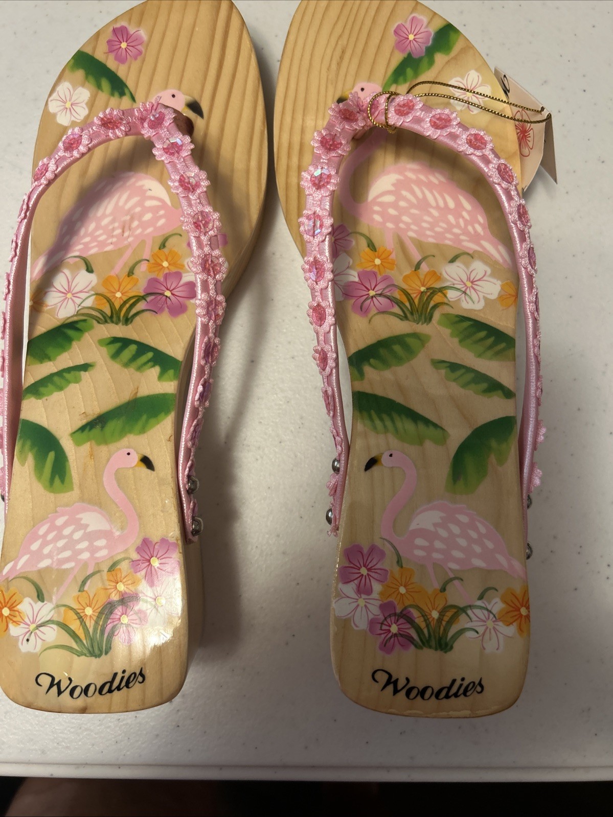 Woodies Pink Floral Flamingo Wedge Platform Woman’s Sandals Size 7 NWT
