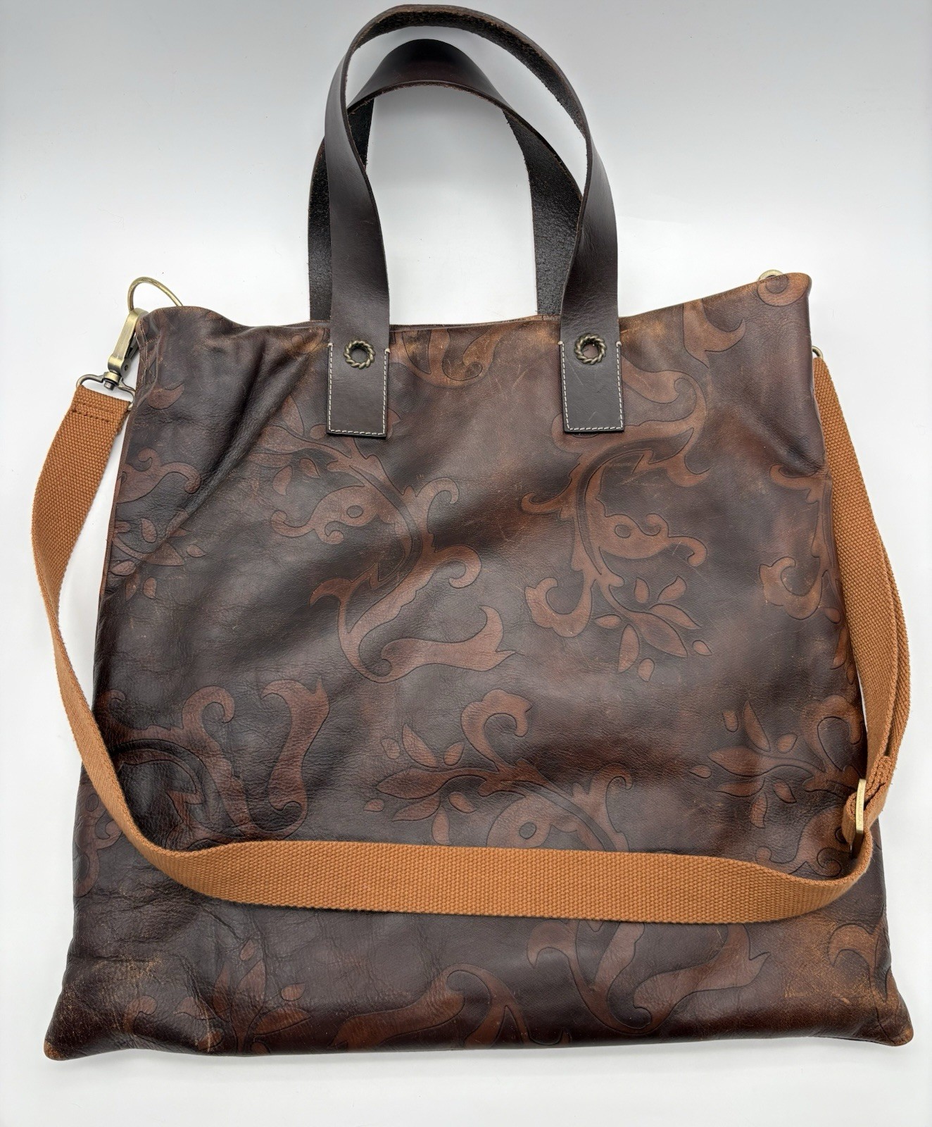 FALOR Italy Tote Bag, Tan Brown Leather Embossed Paisley Large Bag, 16″ x 16″