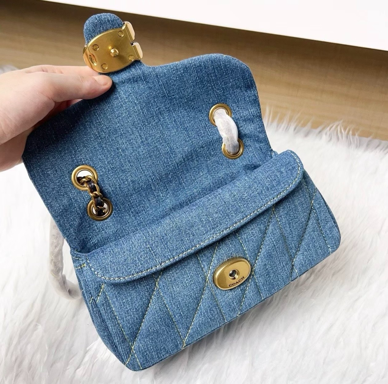 COACH CR704 Tabby 26 Quilted Denim Shoulder Bag Indigo Blue Crossbody Outlet NEW