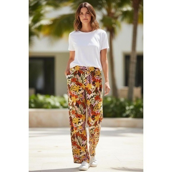 Size 10 LOFT Wide Leg Pants Yellow Orange Floral Tropical High Waist Trousers