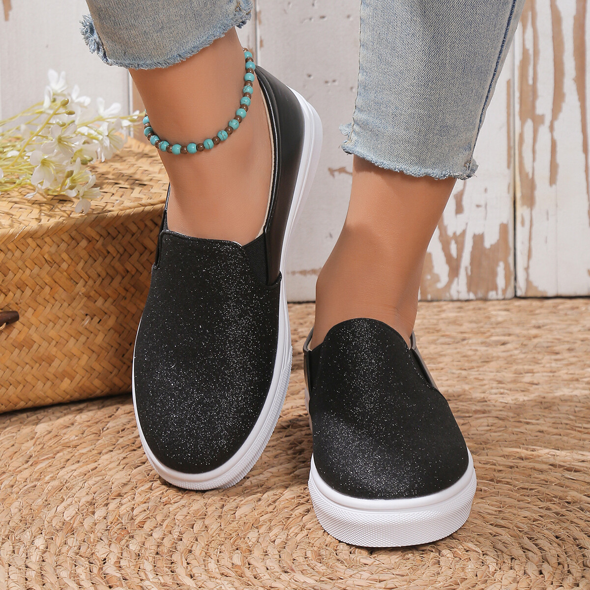 Women’s Slip on Shoes Loafer Flats Sneakers Memory Foam Casual Comfort Glitter C