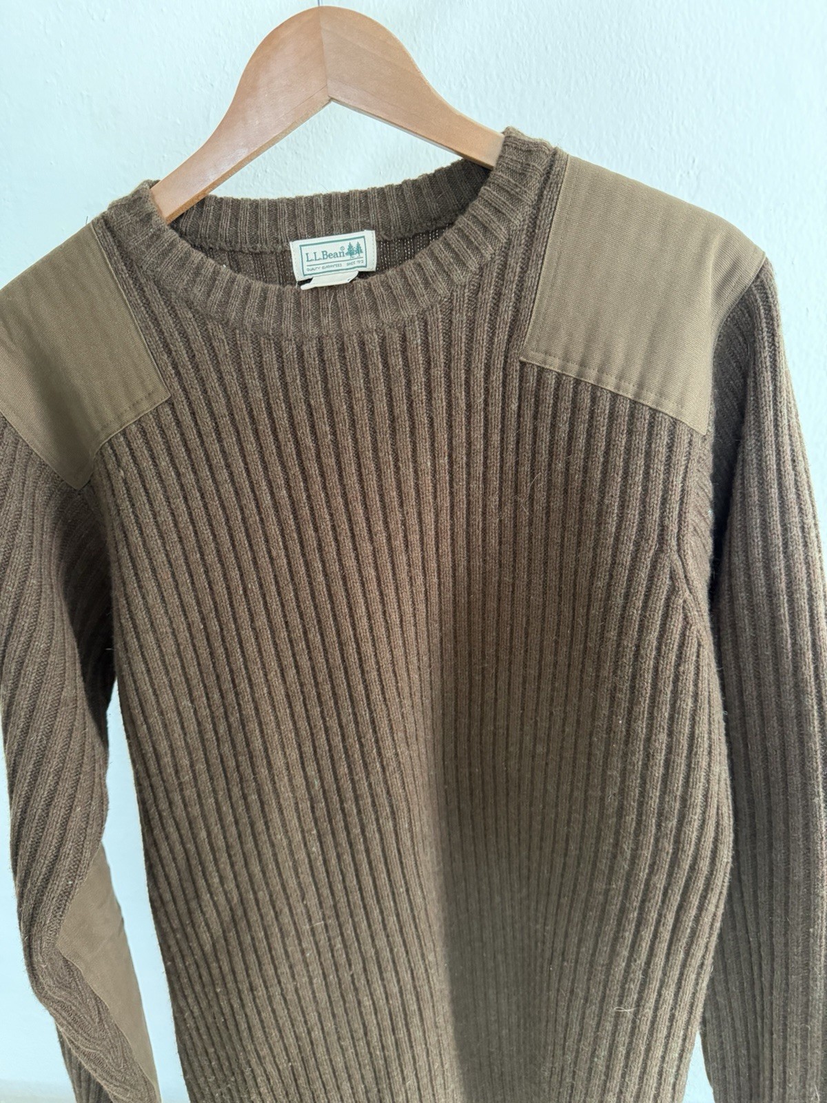 Vintage LL Bean Commando Sweater Mens L 100% Merino Lambs Wool Patches Military