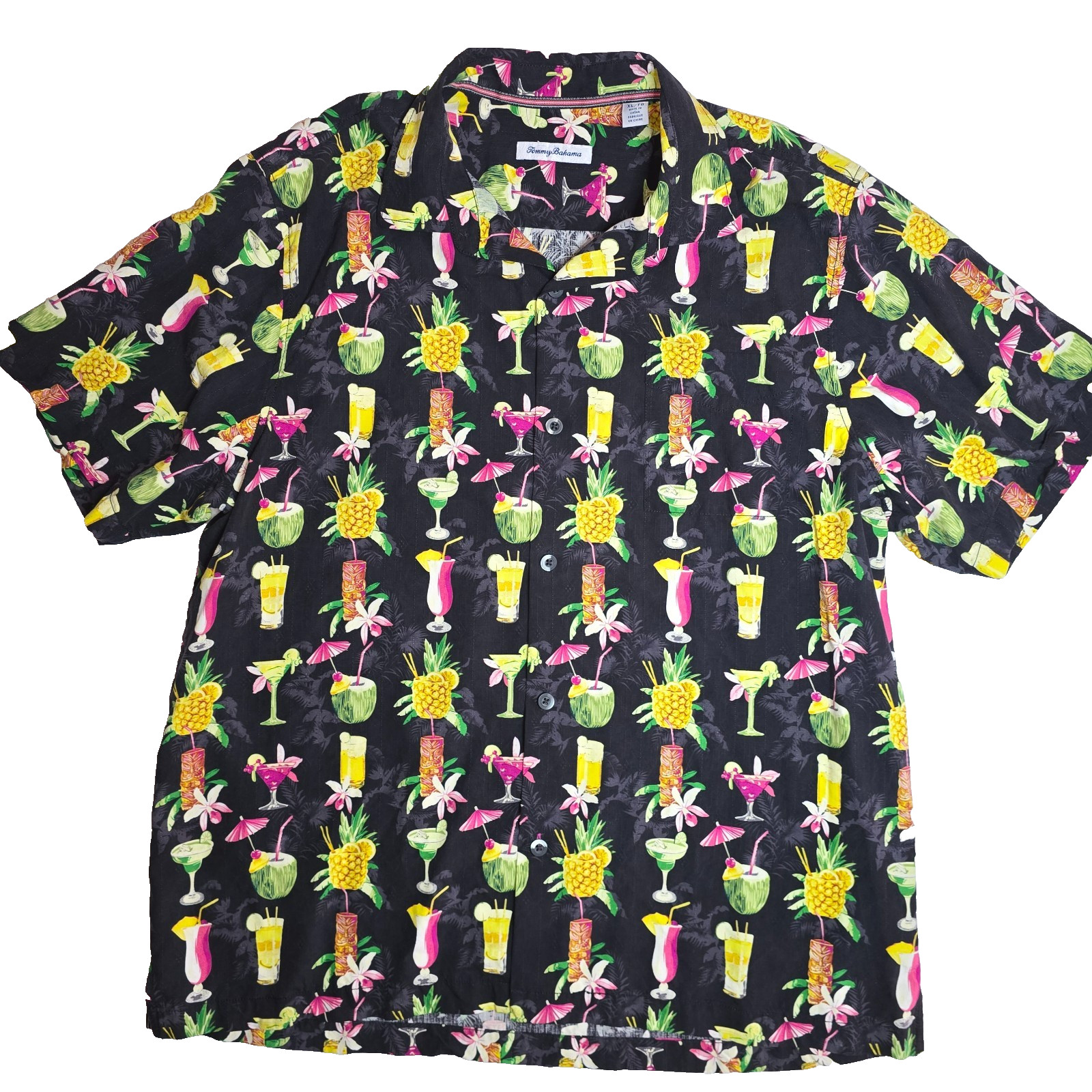 Tommy Bahama Men XL Silk Hawaiian Shirt Black Pineapple Tiki Cocktail Tropical