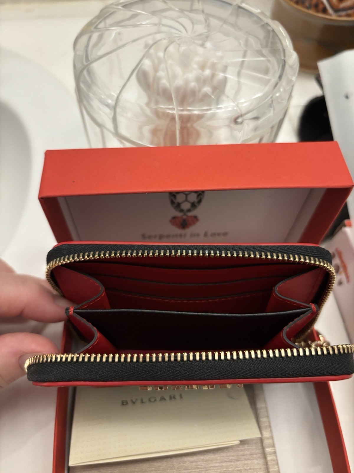 Bvlgari Serpenti in Love Black/Red Zip-Around Wallet w/ Card Slots