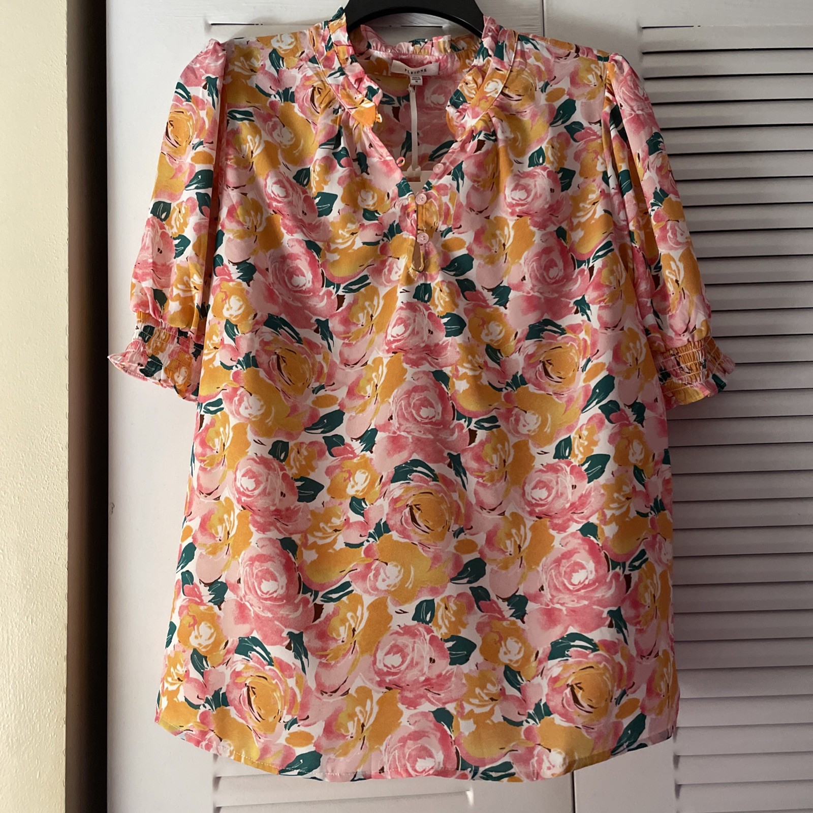 Pleione Anthropologie Blouse Pink Roses Medium Puff Feminine Cottage