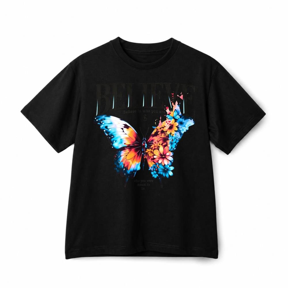Believe Colorful Butterfly Inspirational Retro Graphic Cotton T‑Shirt Unisex