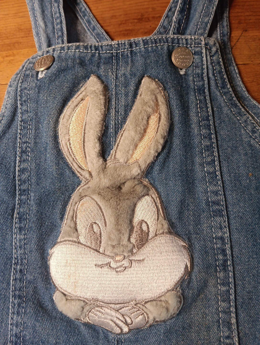Looney Tunes Bugs Bunny Denim Overalls Baby 12M Girl Boy Vtg 90s 3D Jean Snap