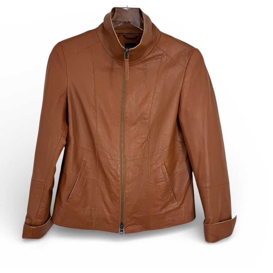 Madeleine jacket women’s 8 100% lamb soft Nappa leather zip front cognac brown