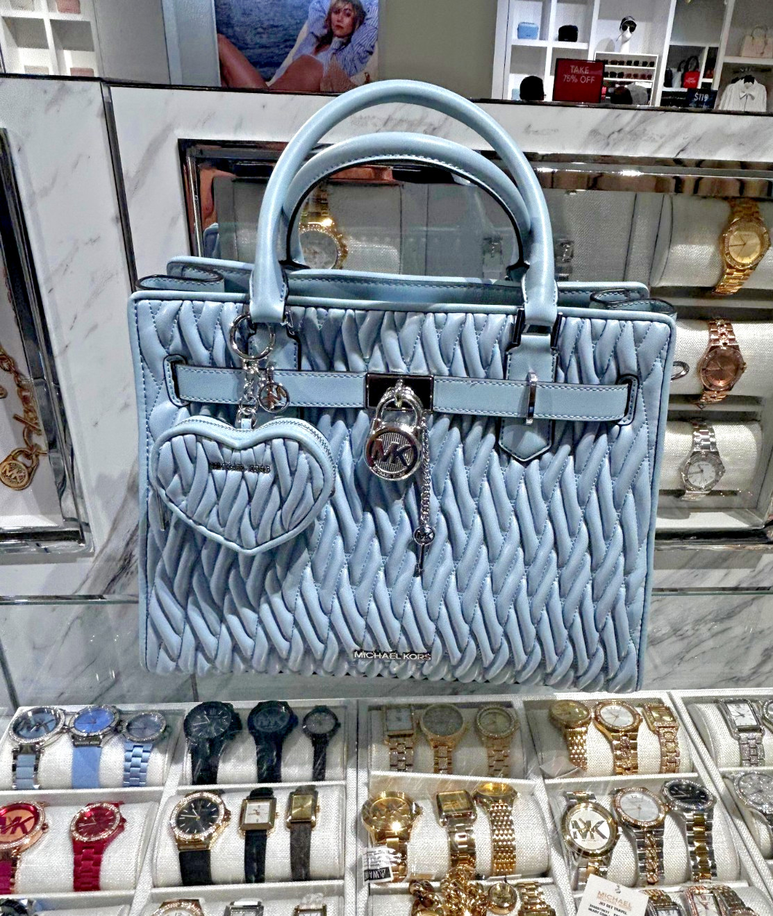 Michael Kors Hamilton Women Medium Matelassé Satchel Bag + Coin Purse Pale Ocean