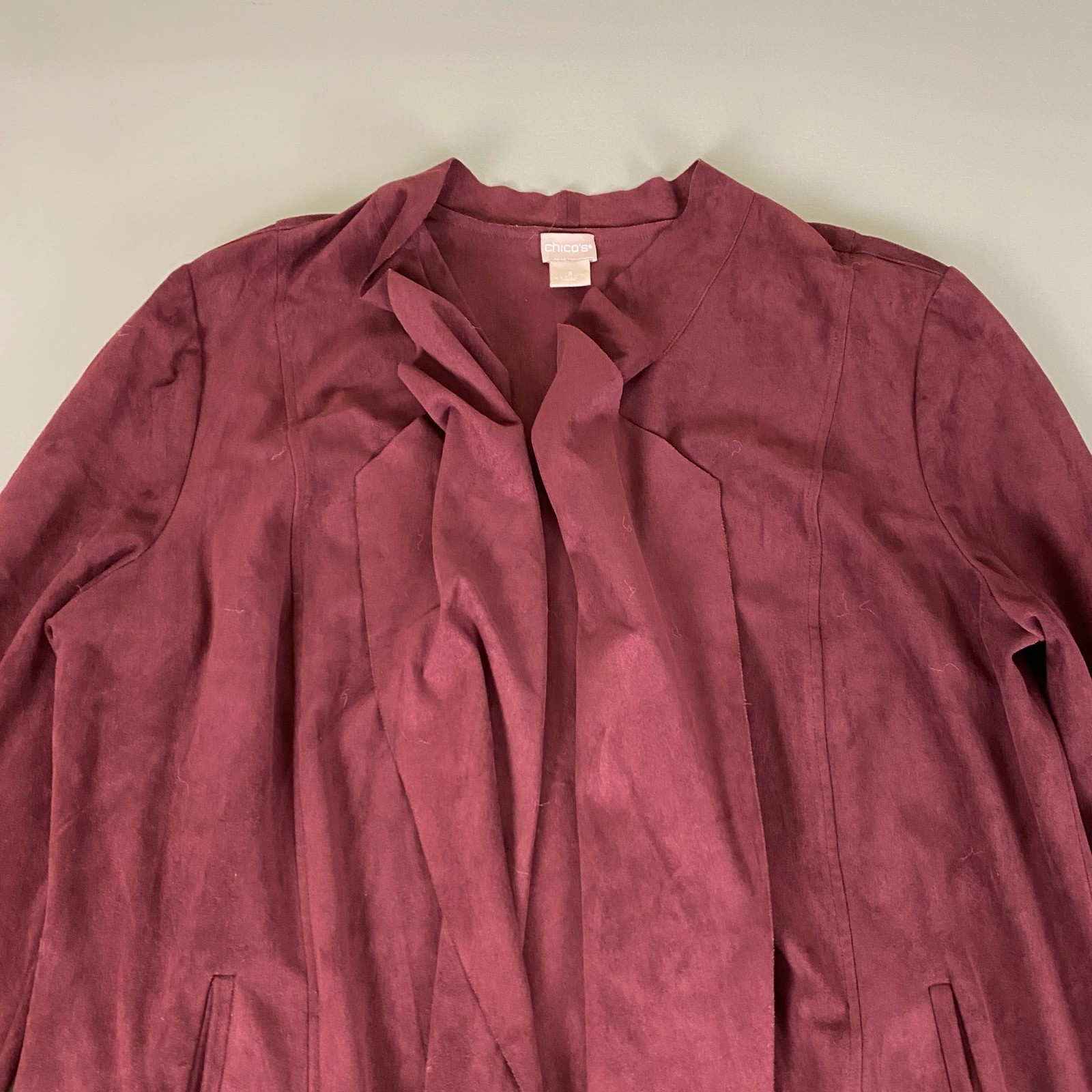 Chicos Cardigan Jacket Size 3 (US XL 16 18) Burgundy Faux Suede Open Front
