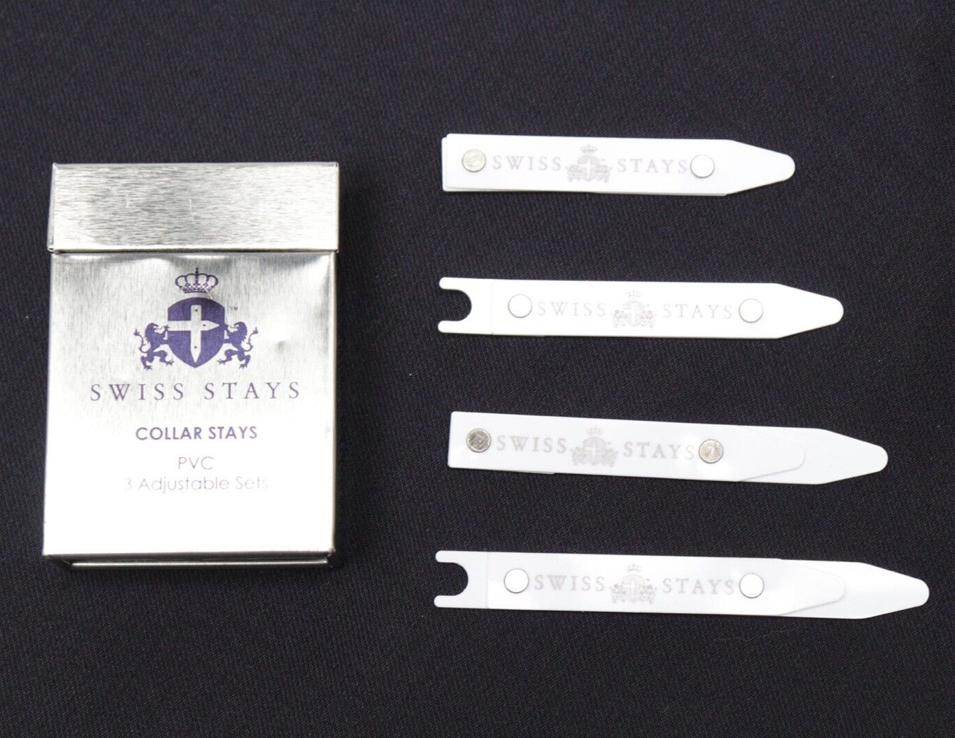 Set of 3 Pairs Swiss Stays Adjustable Collar Stays White PVC 4 Position Folding